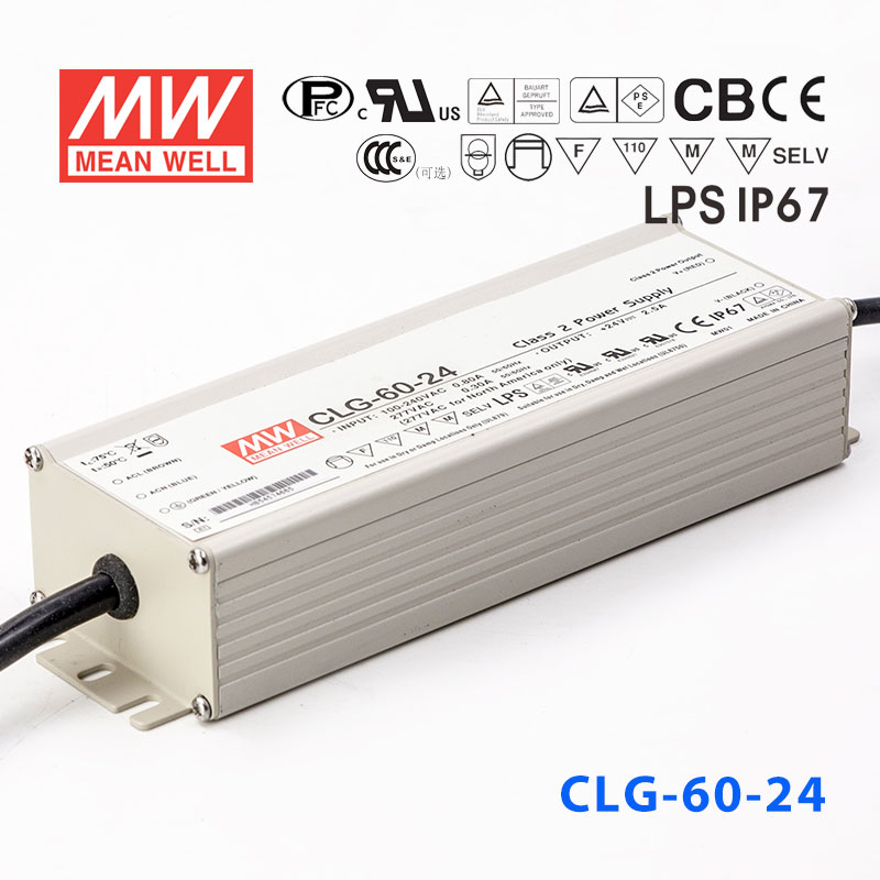 CLG-60-24 CLG-60-24 60W 24V 2.5A 恒压+可改恒流有PFC铝壳明纬IP67防水LED电源