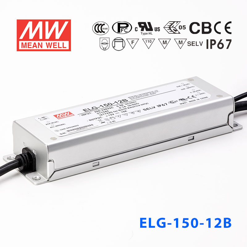 ELG-150-12B ELG-150-12B 120W 12V 10A B型(0～10V/PWM/电阻调光)/铝壳IP67/100～305Vac输入)明纬PFC防水LED电源