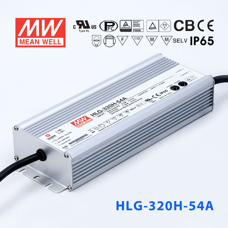 HLG-320H-54A HLG-320H-54A 320W 54V 5.95A 强耐环境恒压+恒流PFC高效铝壳IP65防水LED电源(恒压恒流值可面板设定)