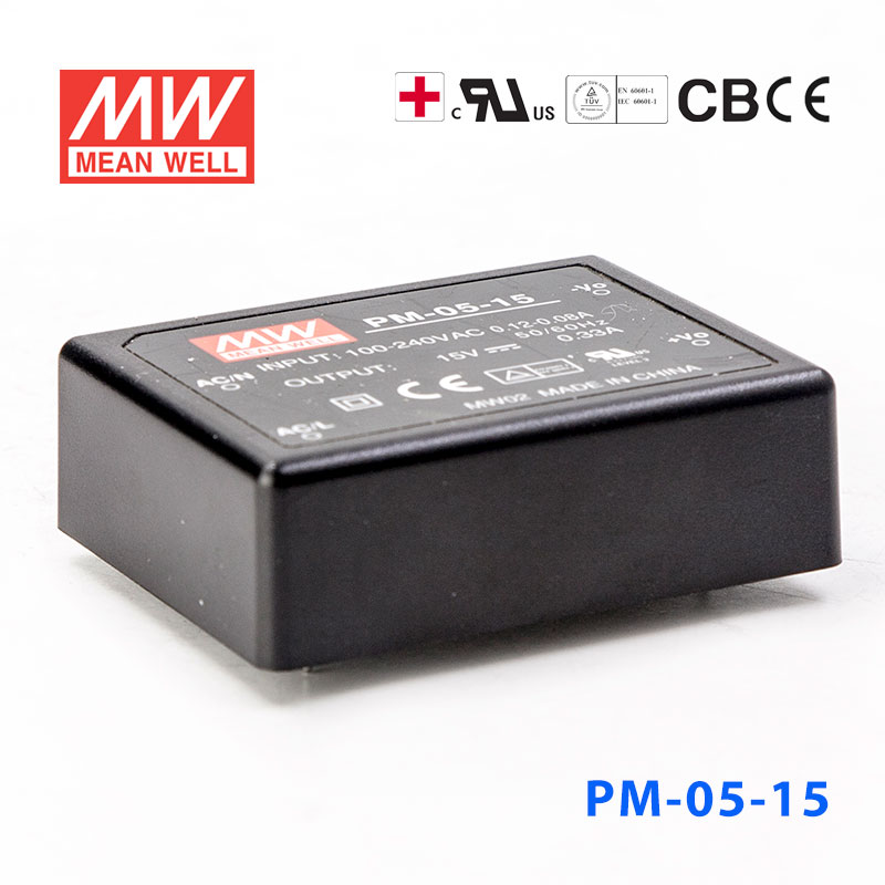 PM-05-15 PM-05-15 5W 15V 0.33A 微漏电塑封Class2单路输出板上型医用明纬开关电源