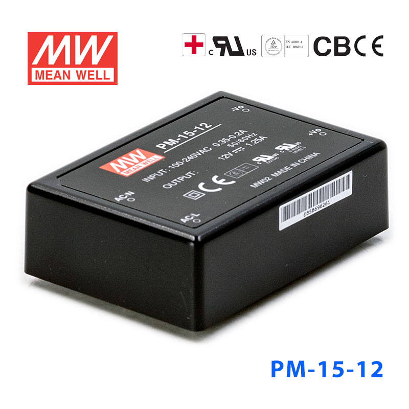 PM-15-12 PM-15-12 15W 12V 1.25A 微漏电塑封Class2单路输出板上型医用明纬开关电源
