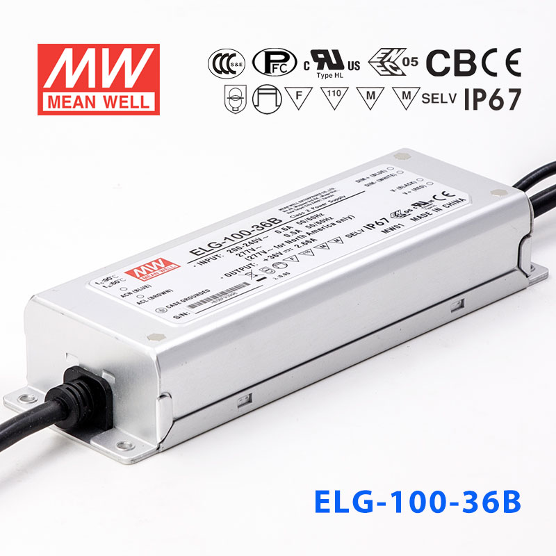 ELG-100-36B ELG-100-36B 96W 36V 2.66A B型(0～10V/PWM/电阻调光)/铝壳IP67防水/180～305Vac输入)明纬PFC防水LED电源