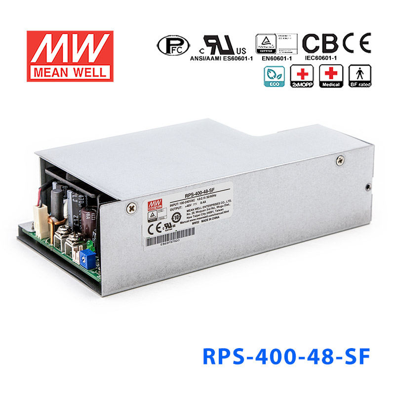 RPS-400-48-SF RPS-400-48-SF 400W 48V 8.4A 单路输出PFC微漏电流低空载损耗侧置风扇机壳型医用明纬开关电源