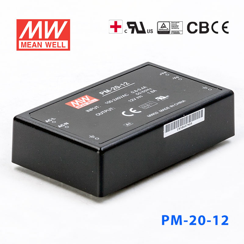 PM-20-12 PM-20-12 20W 12V 1.8A 微漏电塑封单路输出板上型医用明纬开关电源