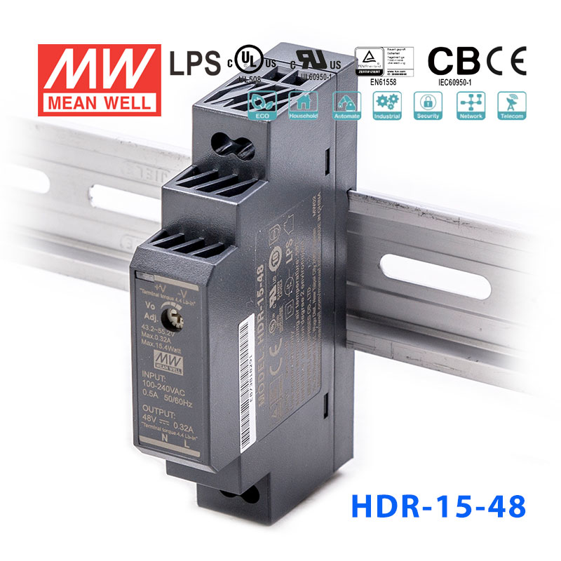 HDR-15-48 HDR-15-48 15W 48V 0.32A 单路输出明纬超薄型导轨安装电源