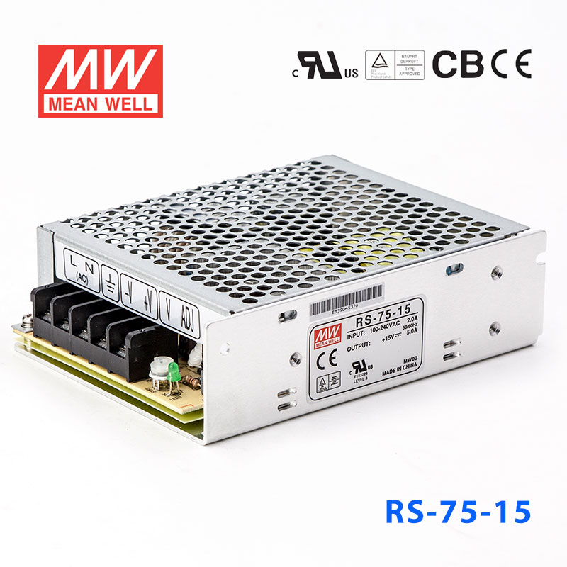 RS-75-15 RS-75-15 75W 15V5A 单路输出明纬开关电源(G3系列-高性能内置有外壳)