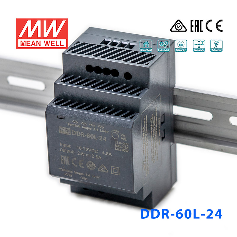 DDR-60L-24 DDR-60L-24台湾明纬60W 18~75V输入 24V2.5A输出导轨型DC-DC电源