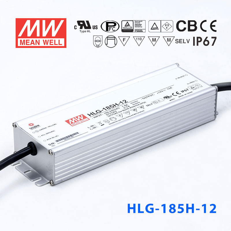 HLG-185H-12 HLG-185H-12 185W 12V 13A 强耐环境恒压+恒流PFC高效铝壳IP67防水LED电源(引线接线)