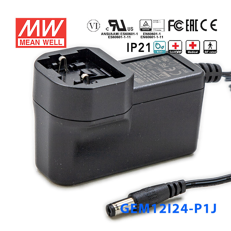 GEM12I24-P1J GEM12I24-P1J 12W 24V 0.5A输出明纬环保可换插头医疗电源适配器
