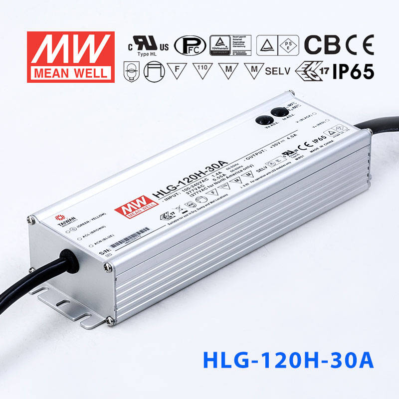 HLG-120H-30A HLG-120H-30A 120W 30V 4A 强耐环境恒压+恒流PFC高效铝壳IP65防水LED电源(恒压恒流值可面板设定)