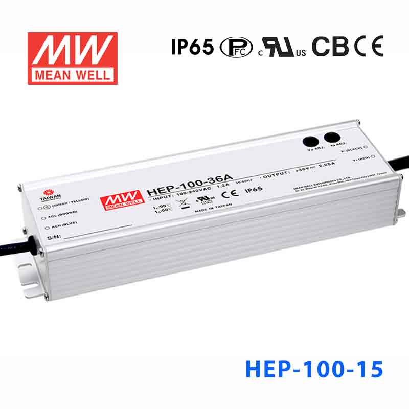 HEP-100-15A HEP-100-15A 100W 15V 6.67A无风扇全密封IP65防护输出电压/电流可调高效率明纬电源