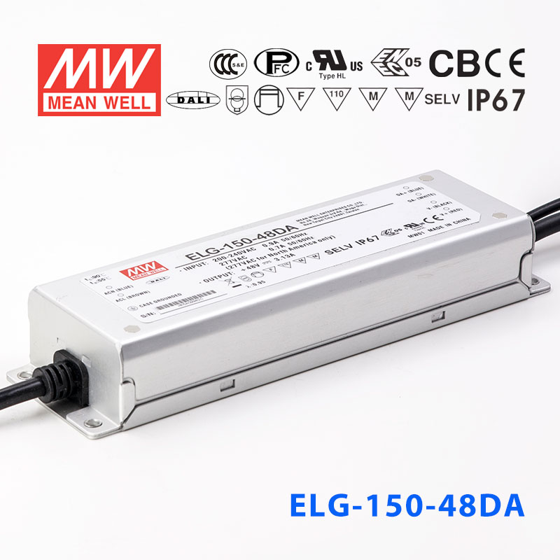 ELG-150-48DA ELG-150-48DA 150W 48V 3.13A DA型(Dali调光/铝壳IP67/100～305Vac输入)明纬PFC防水LED电源