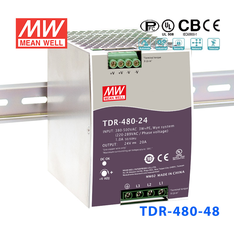 TDR-480-48 TDR-480-48 480W 48V10A 三相输入高效率高功率因素单路输出DIN导轨安装明纬开关电源