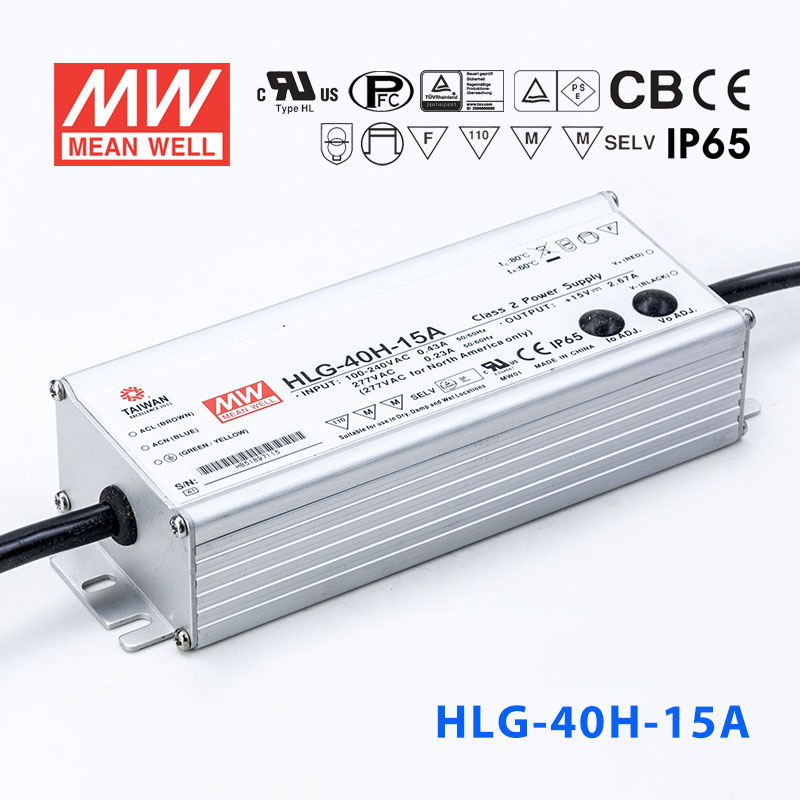 HLG-40H-15A HLG-40H-15A 40W 15V 2.67A 强耐环境恒压+恒流PFC高效铝壳IP65防水LED电源(恒压恒流值可面板设定)