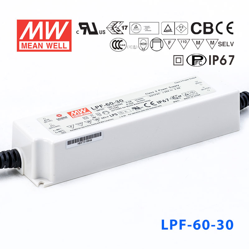 LPF-60-30 LPF-60-30 60W 30V 2A 恒压+恒流有PFC高效率塑壳IP67防水LED电源