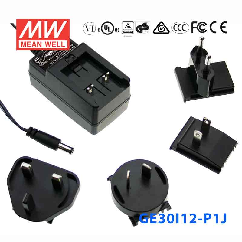 GE30I12-P1J GE30I12-P1J 30W 12V2.5A输出可换插头绿色能源明纬墙插电源适配器(仅底座,不含插片)