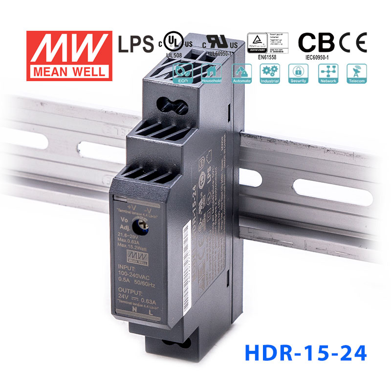 HDR-15-24 HDR-15-24 15W 24V 0.63A 单路输出明纬超薄型导轨安装电源