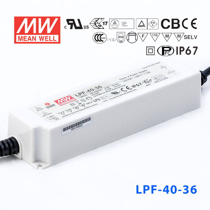 LPF-40-36 LPF-40-36 40W 36V 1.12A 恒压+恒流有PFC高效率塑壳IP67防水LED电源