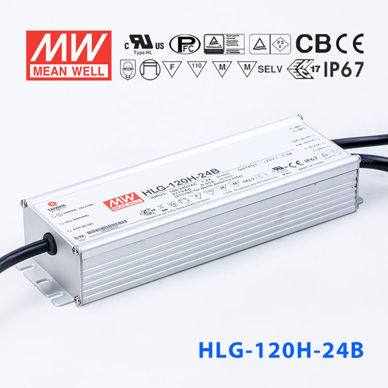 HLG-120H-24B HLG-120H-24B 120W 24V 5A 强耐环境恒压+恒流PFC高效铝壳IP67防水LED电源(控制线三合一调光)