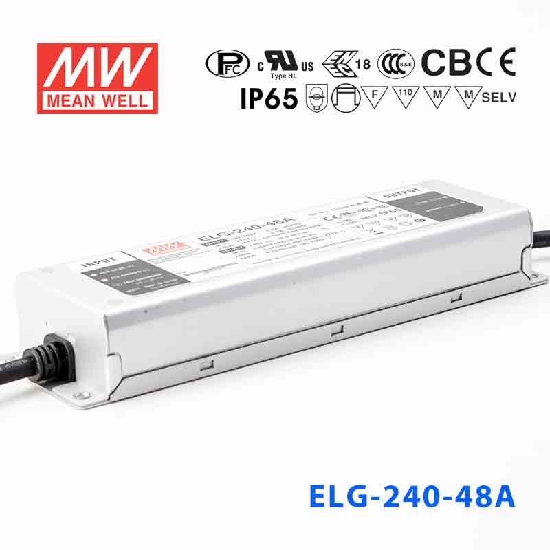 ELG-240-48A ELG-240-48A 240W 48V 5.0A A型(电流可调/铝壳IP65/100～305Vac输入)明纬PFC防水LED电源