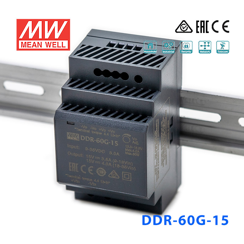 DDR-60G-15 DDR-60G-15台湾明纬60W 9~36V输入 15V4A输出导轨型DC-DC电源