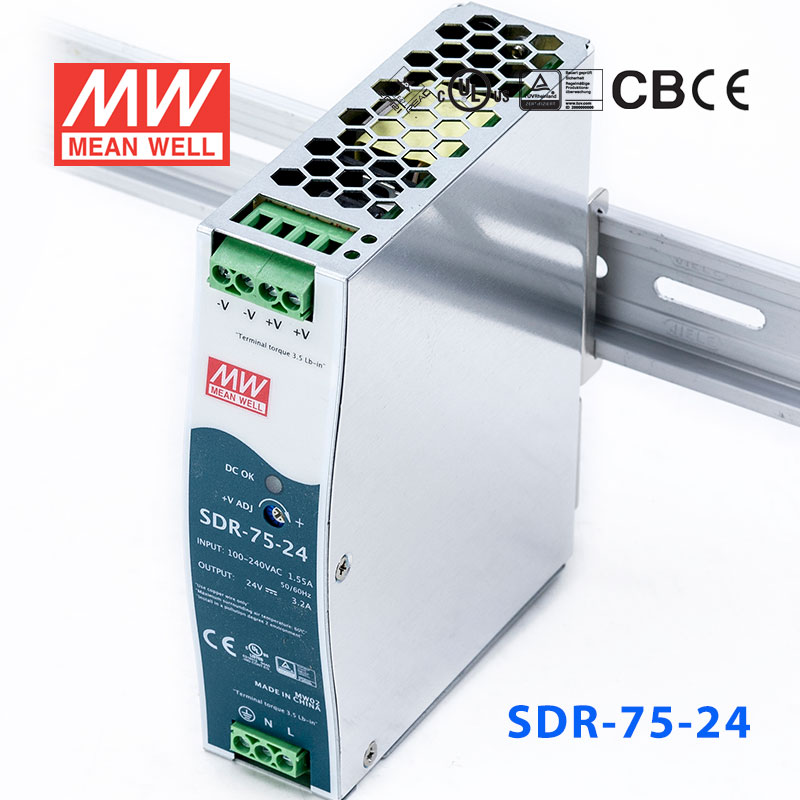 SDR-75-24 SDR-75-24 75W 24V3.2A高效率高功率因素单路输出DIN导轨安装明纬开关电源