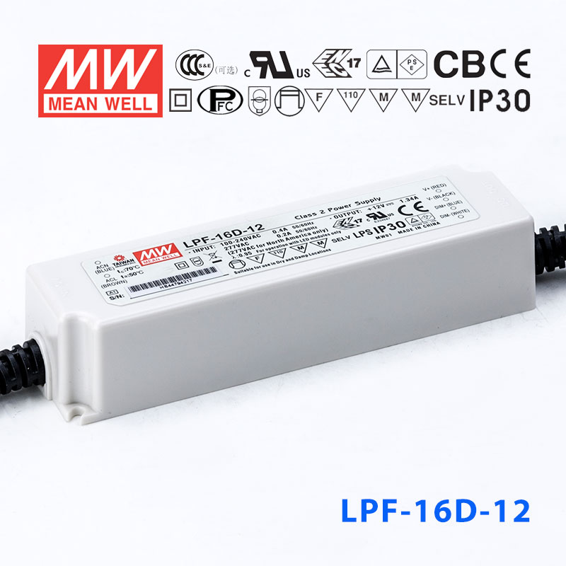 LPF-16D-12 LPF-16D-12 16W 12V 1.34A 恒压+恒流PFC高效率塑壳IP30防水调光LED电源