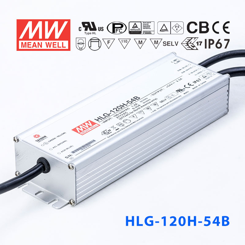 HLG-120H-54B HLG-120H-54B 120W 54V 2.3A 强耐环境恒压+恒流PFC高效铝壳IP67防水LED电源(控制线三合一调光)