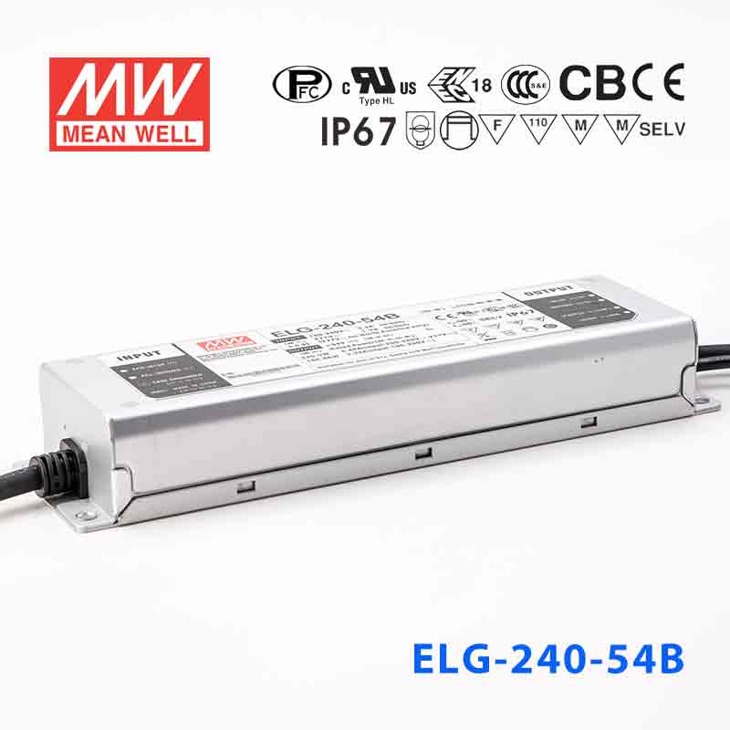 ELG-240-54DA ELG-240-54DA 240W 54V 4.45A DA型(Dali调光/铝壳IP67/100～305Vac输入)明纬PFC防水LED电源
