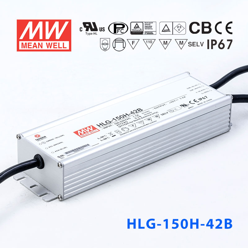 HLG-150H-42B HLG-150H-42B 150W 42V 3.6A 强耐环境恒压+恒流PFC高效铝壳IP67防水LED电源(控制线三合一调光)