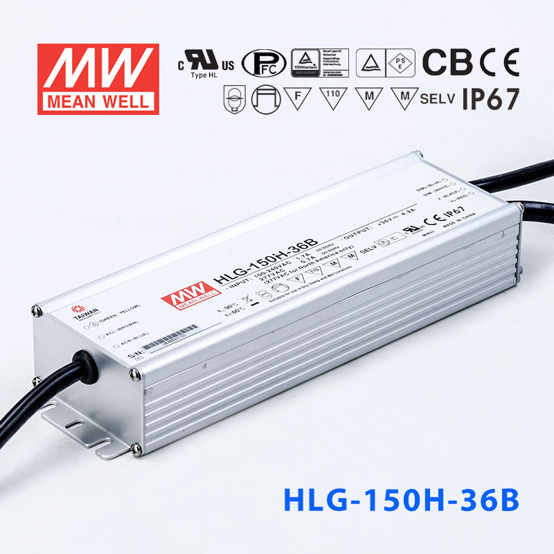 HLG-150H-36B HLG-150H-36B 150W 36V 4.2A 强耐环境恒压+恒流PFC高效铝壳IP67防水LED电源(控制线三合一调光)