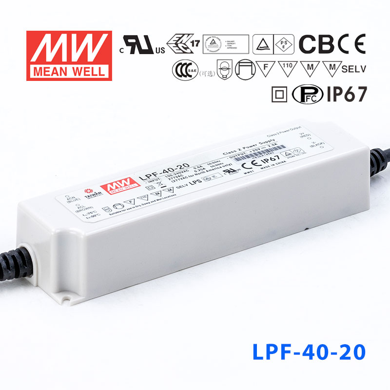 LPF-40-20 LPF-40-20 40W 20V 2A 恒压+恒流有PFC高效率塑壳IP67防水LED电源