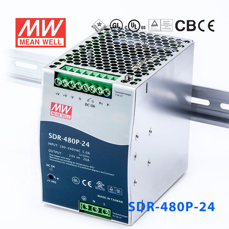SDR-480P-24 SDR-480P-24 480W 24V20A 高效率PFC可并联单路输出DIN导轨安装明纬开关电源