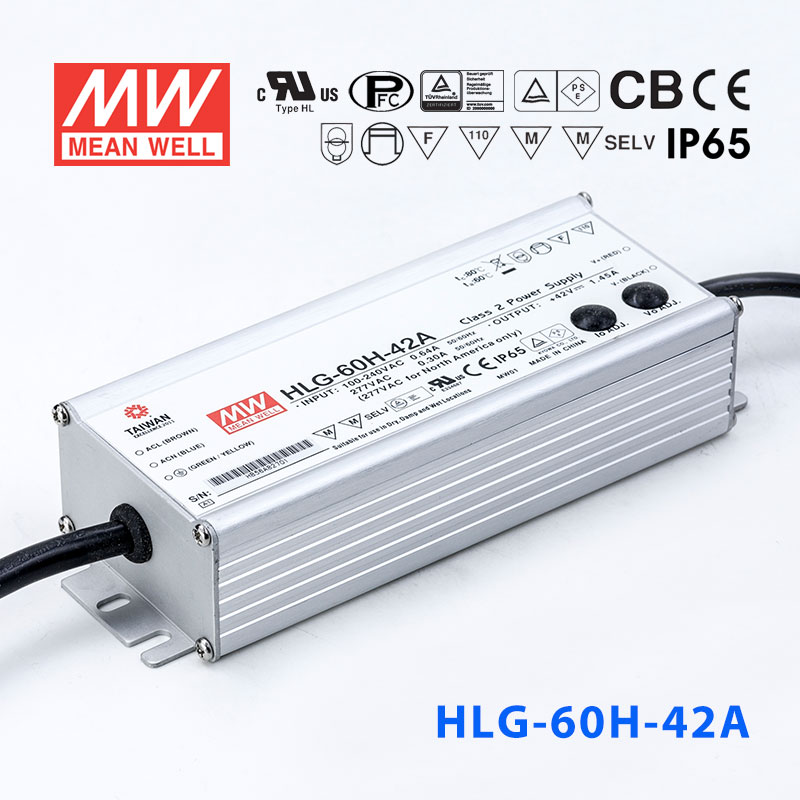 HLG-60H-42A HLG-60H-42A 60W 42V 1.45A 强耐环境恒压+恒流PFC高效铝壳IP65防水LED电源(恒压恒流值可面板设定)