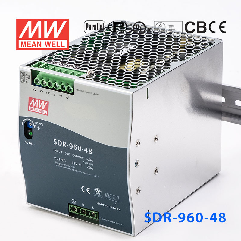 SDR-960-48 SDR-960-48 960W 48V20A高效率高功率因素单路输出DIN导轨安装明纬开关电源