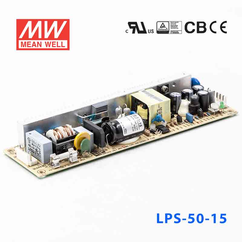 LPS-50-15 LPS-50-15 50W 15V 3.4A 单路输出无外壳窄条PCB板明纬开关电源