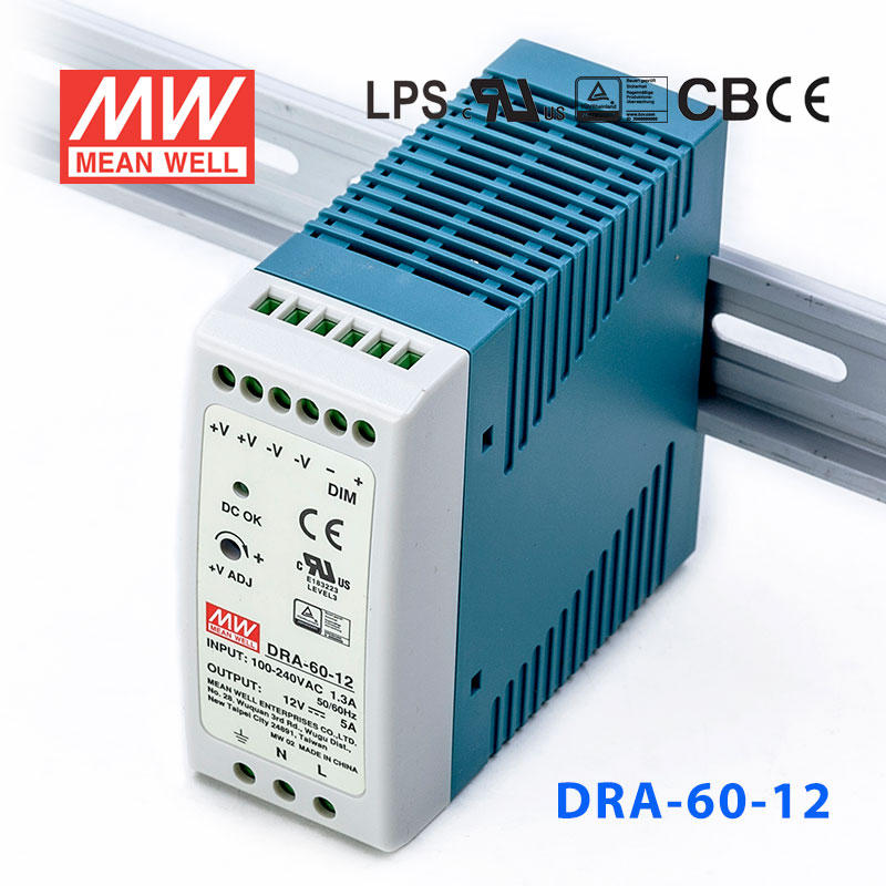 DRA-60-12 DRA-60-12 60W 12V5A输出电流可程控明纬导轨安装电源