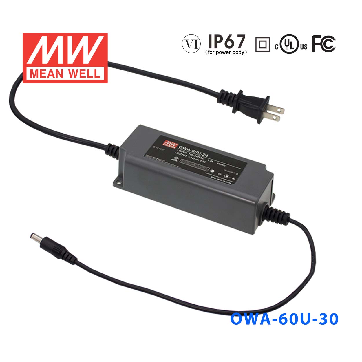 OWA-60U-30 OWA-60U-30 60W 30V 2A 明纬塑壳防潮外置型LED电源适配器(美规插头)