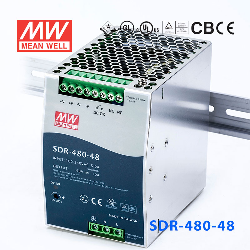 SDR-480-48 SDR-480-48 480W 48V10A 高效率高功率因素单路输出DIN导轨安装明纬开关电源