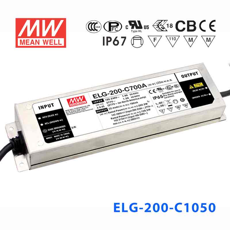 ELG-200-C1050DA ELG-200-C1050DA 200W 10795~190V 1050mA DA型(Dali调光/铝壳IP67/100～305Vac输入)明纬PFC防水高压恒流防水LED电源