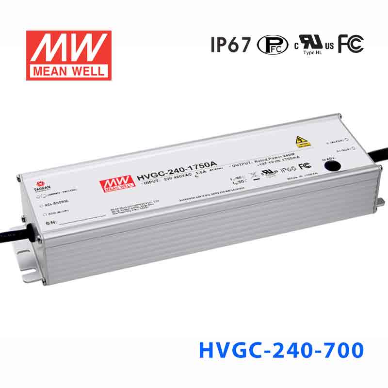 HVGC-240-700B HVGC-240-700B 240W 700mA 354Vac 输入强耐环境PFC高效铝壳IP67防水LED恒流电源(控制线三合一调光)
