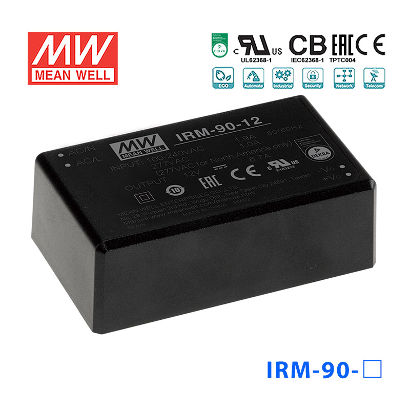 IRM-90-12 IRM-90-12明纬80.4W 80~305V输入12V6.7A输出PCB安装绿色电源模块