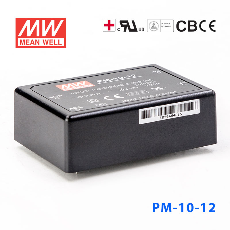 PM-10-12 PM-10-12 10W 12V 0.85A 微漏电塑封Class2单路输出板上型医用明纬开关电源
