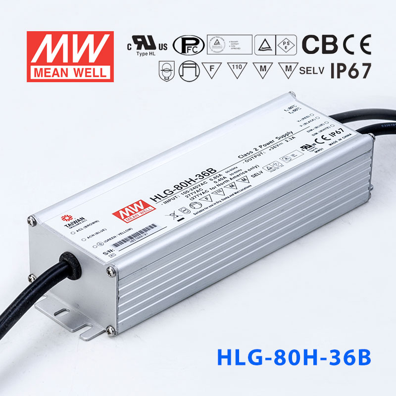 HLG-80H-36B HLG-80H-36B 80W 36V 2.3A 强耐环境恒压+恒流PFC高效铝壳IP67防水LED电源(控制线三合一调光)