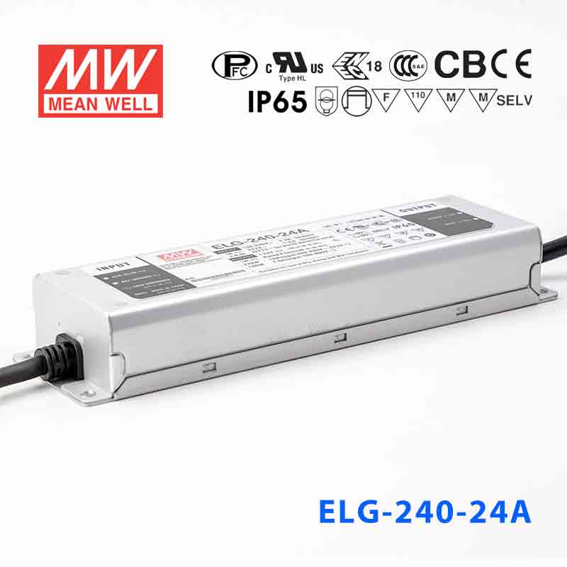 ELG-240-24A ELG-240-24A 240W 24V 10A A型(电流可调/铝壳IP65/100~305Vac输入)明纬PFC防水LED电源
