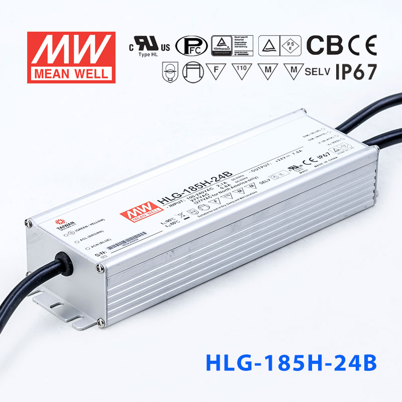 HLG-185H-24B HLG-185H-24B 185W 24V 7.8A 强耐环境恒压+恒流PFC高效铝壳IP67防水LED电源(控制线三合一调光)