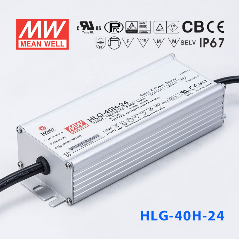 HLG-40H-24 HLG-40H-24 40W 24V 1.67A 强耐环境恒压+恒流PFC高效铝壳IP67防水LED电源(引线接线)
