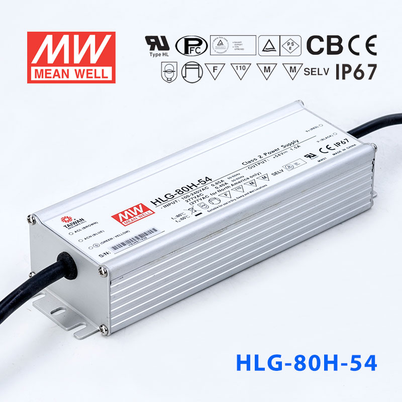 HLG-80H-54 HLG-80H-54 80W 54V 1.5A 强耐环境恒压+恒流PFC高效铝壳IP67防水LED电源(引线接线)