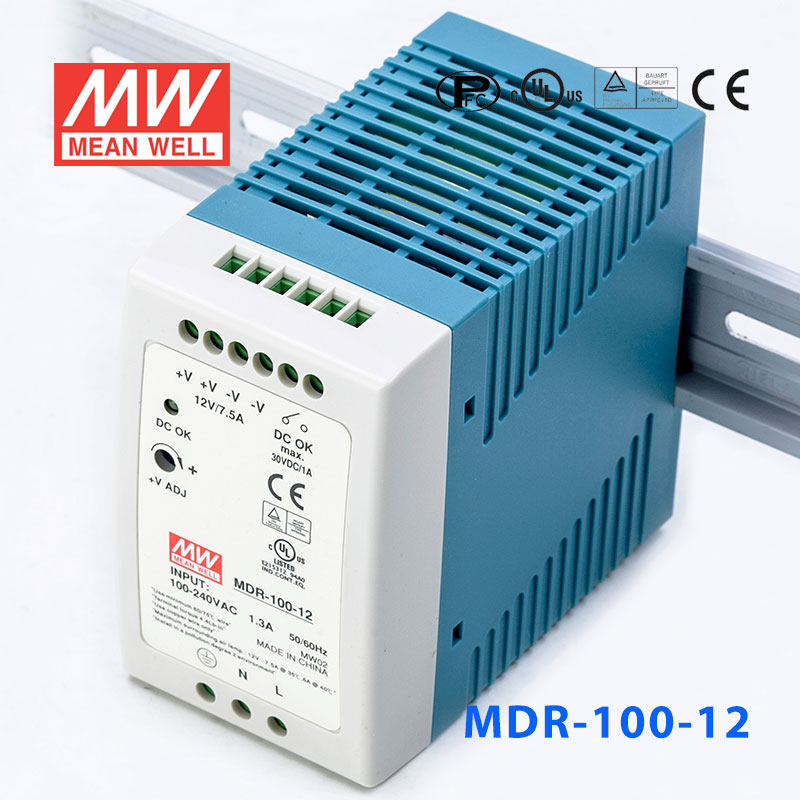 MDR-100-12 MDR-100-12 90W 12V7.5A 单输出低空载损耗DIN导轨型明纬电源