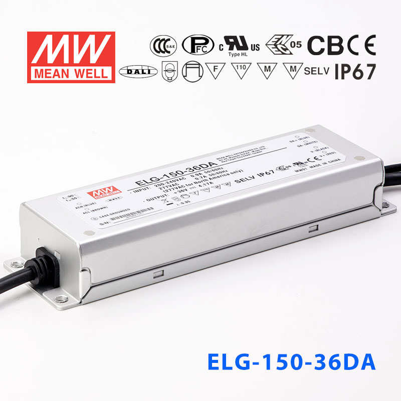 ELG-150-36DA ELG-150-36DA 150W 36V 4.17A DA型(Dali调光/铝壳IP67/100～305Vac输入)明纬PFC防水LED电源